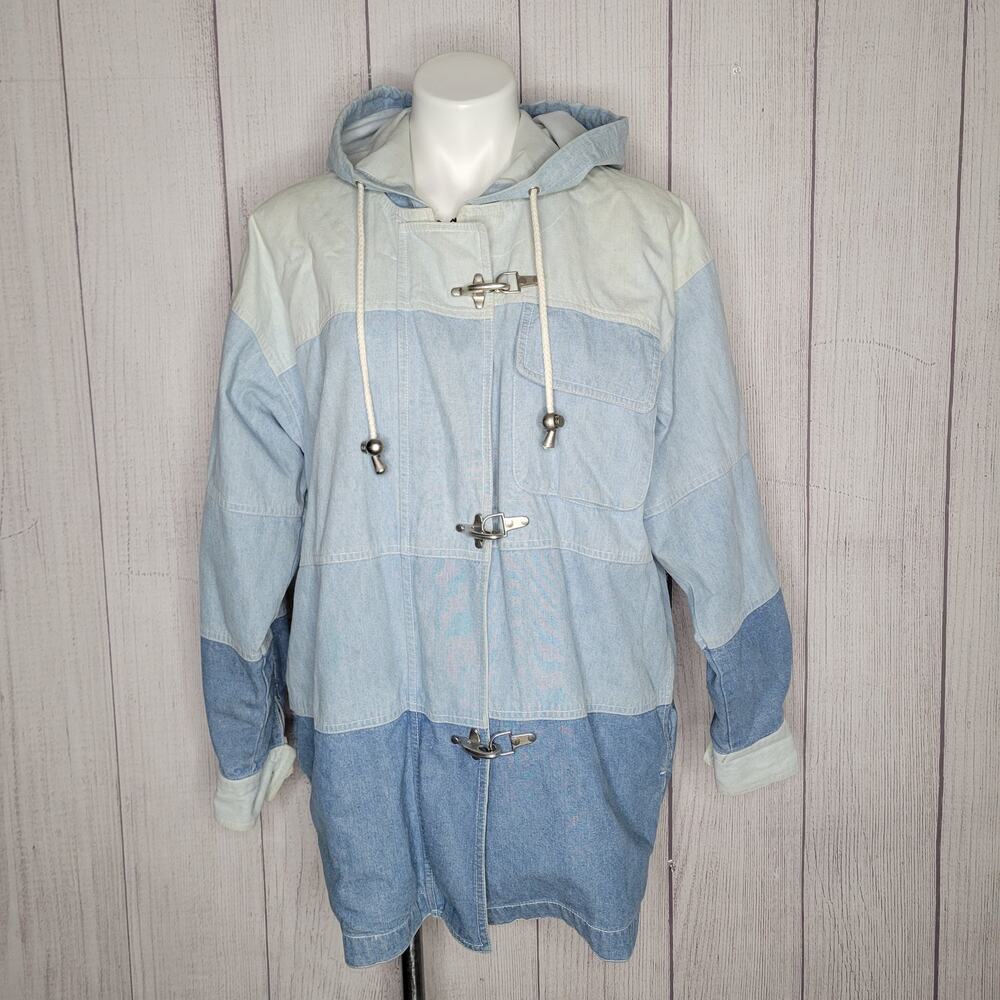 Striped Color block Zip And Shackle Hooded Oversized Denim Jacket Unisex Small